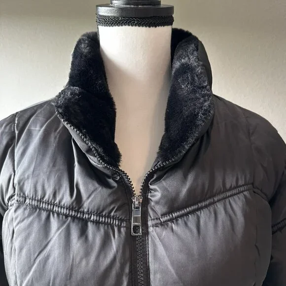 Women's Nautica Faux Fur Trim Hooded Mid-Length Black Puffer Jacket Size XL - Picture 10 of 14